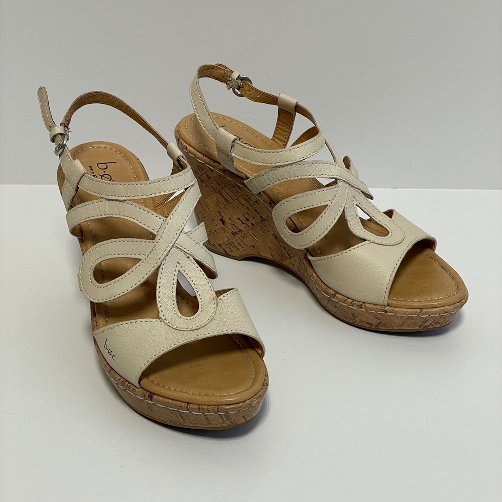 Boc Born Concept‎ Cream Leather Cork Wedge Sandals Women's Size 9